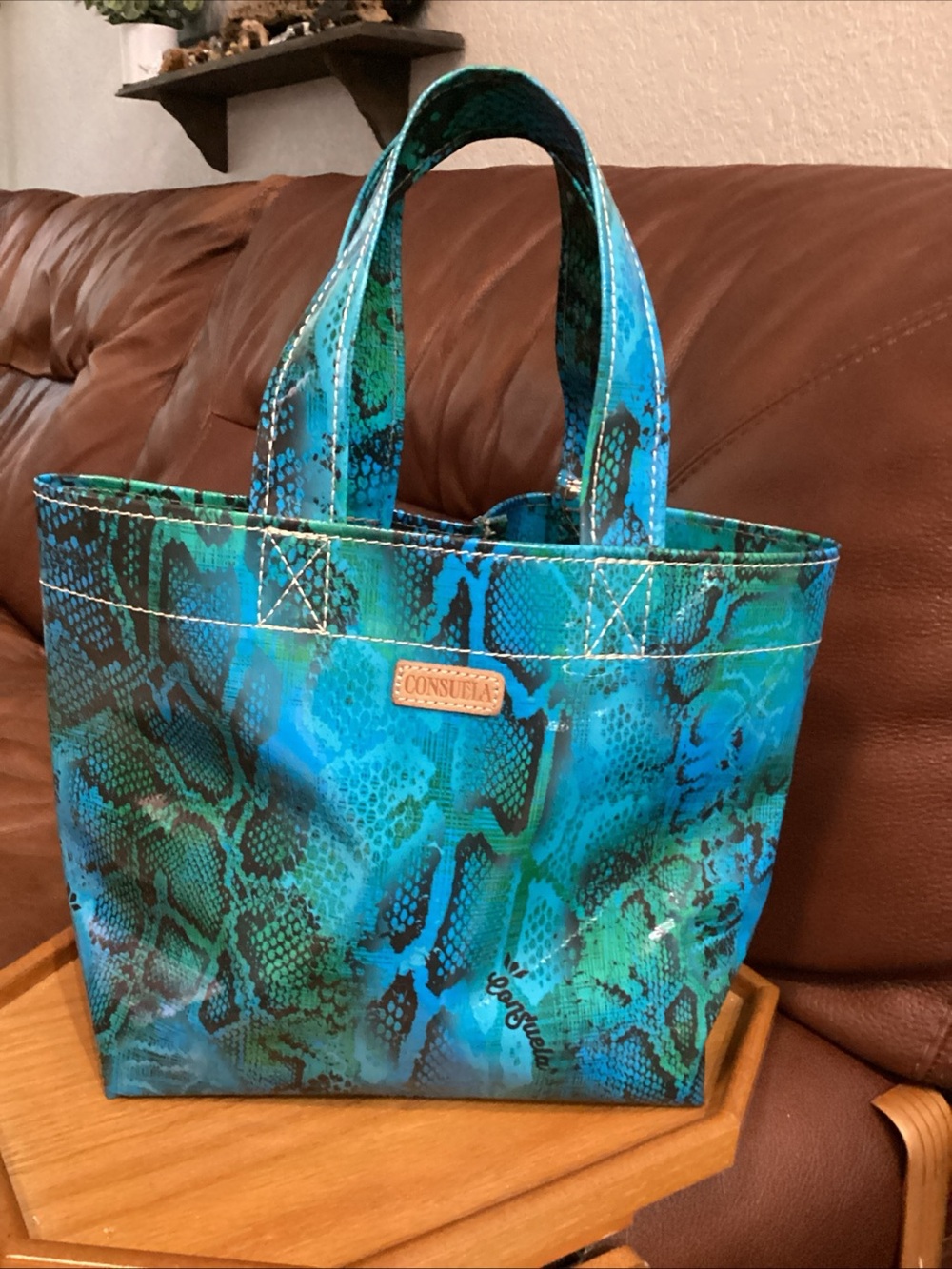 Consuela Teal Snake-Print Small Tote Bag 12x8